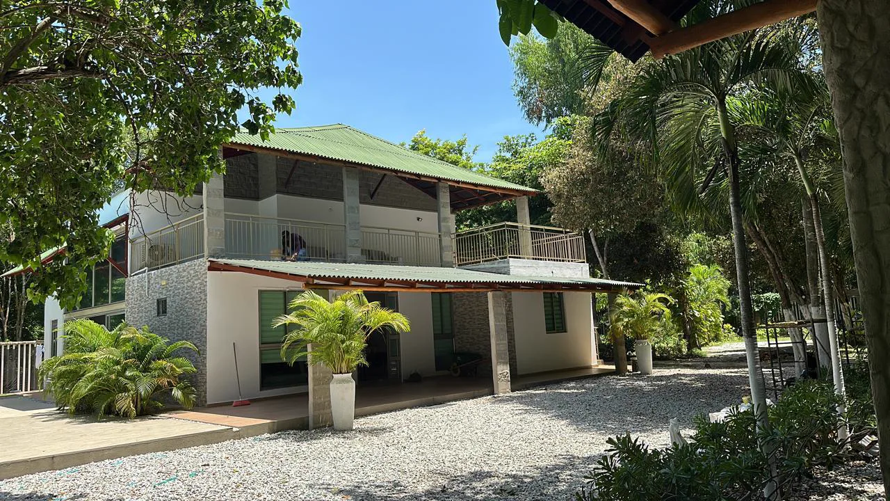 Fachada de la casa de día, rodeada de palmas y árboles